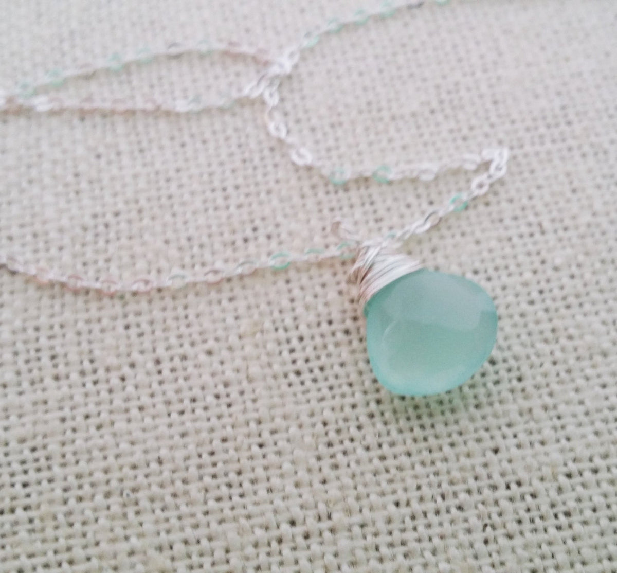 Aqua Chalcedony Teardrop Necklace – Sterling Silver Wire Wrapped Briolette Pendant