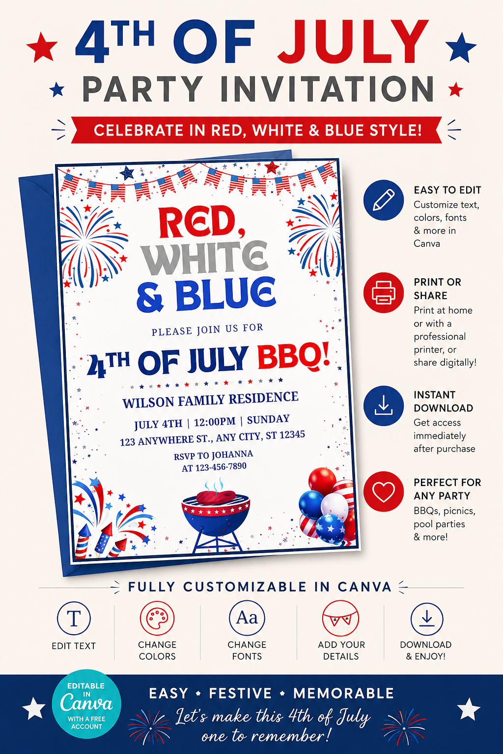 4th of July Party Invitation – Editable Canva Template