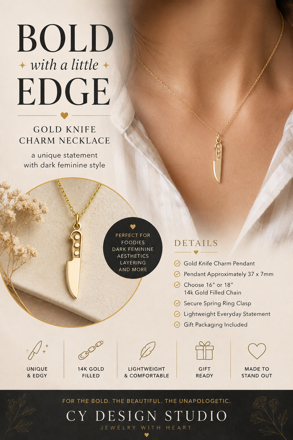 Gold Knife Charm Necklace