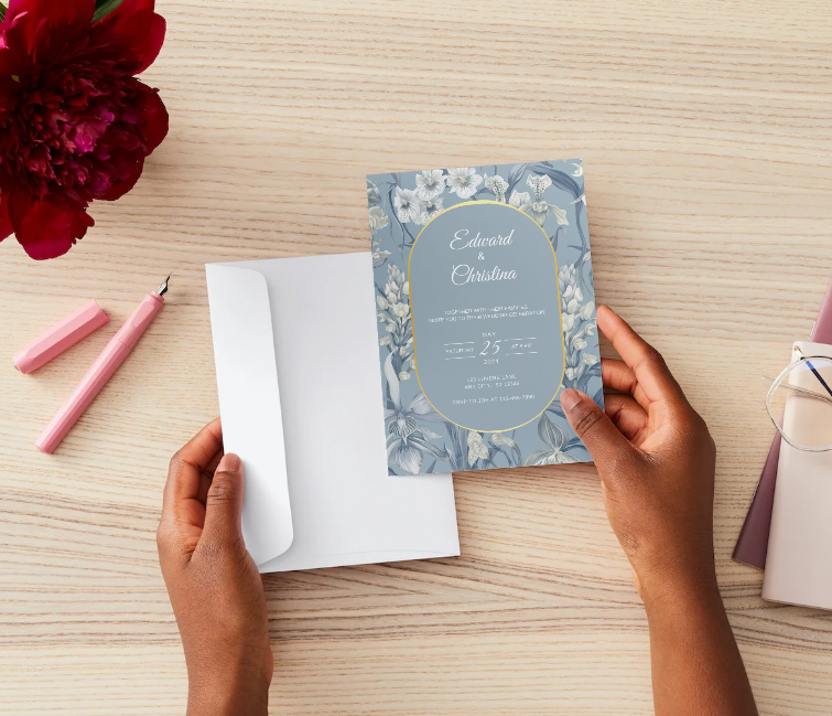 Elegant Blue Iris Wedding Invitation – Canva Editable Template