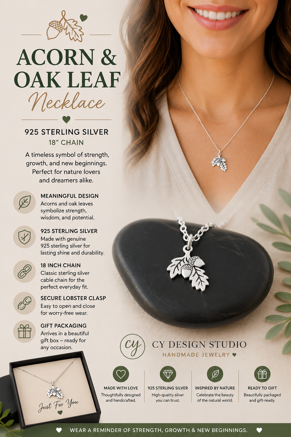 Acorn Oak Leaf 925 Sterling Silver Necklace