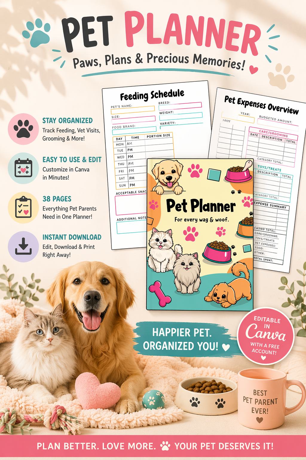 Pet Planner Printable - 38 Page Editable Canva Template