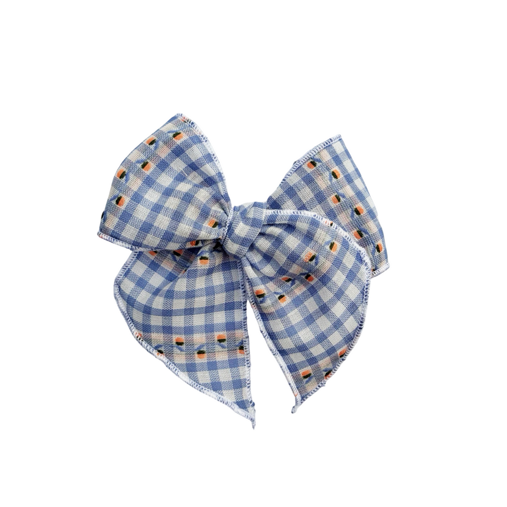 Blue Gingham w/ Stitched Flowers Elle Bow