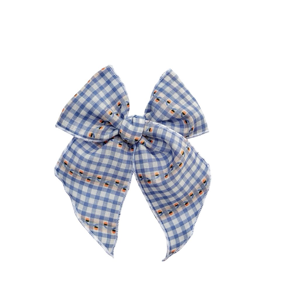 Blue Gingham w/ Stitched Flowers Elle Bow
