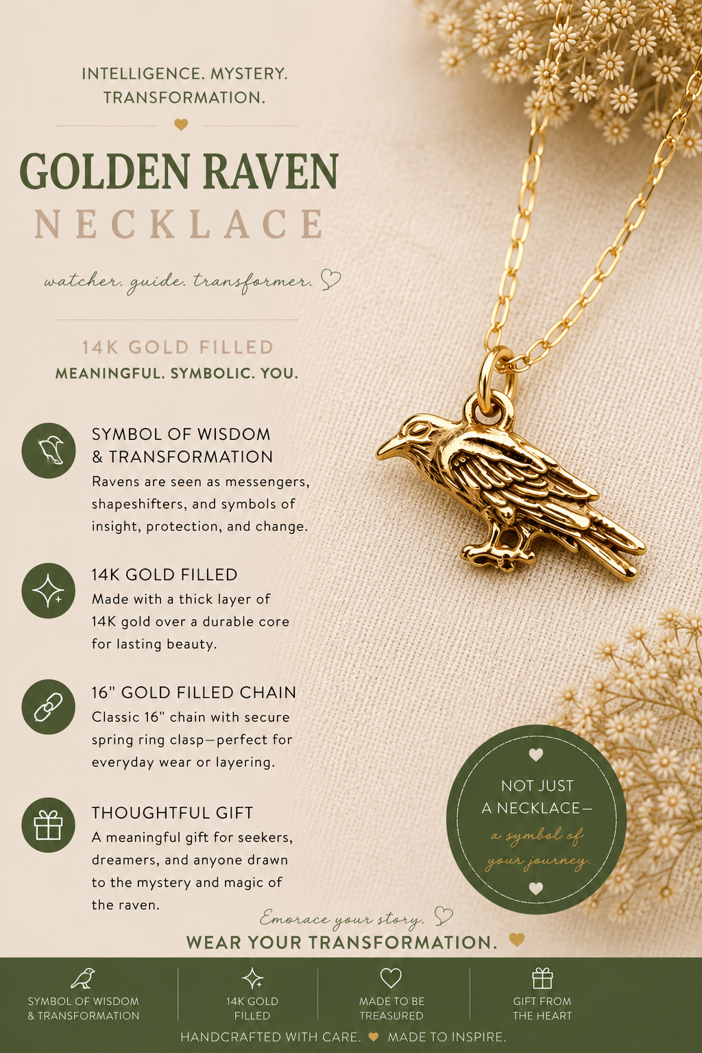 Golden Raven Necklace – 14k Gold Filled Crow Charm on 16" Chain