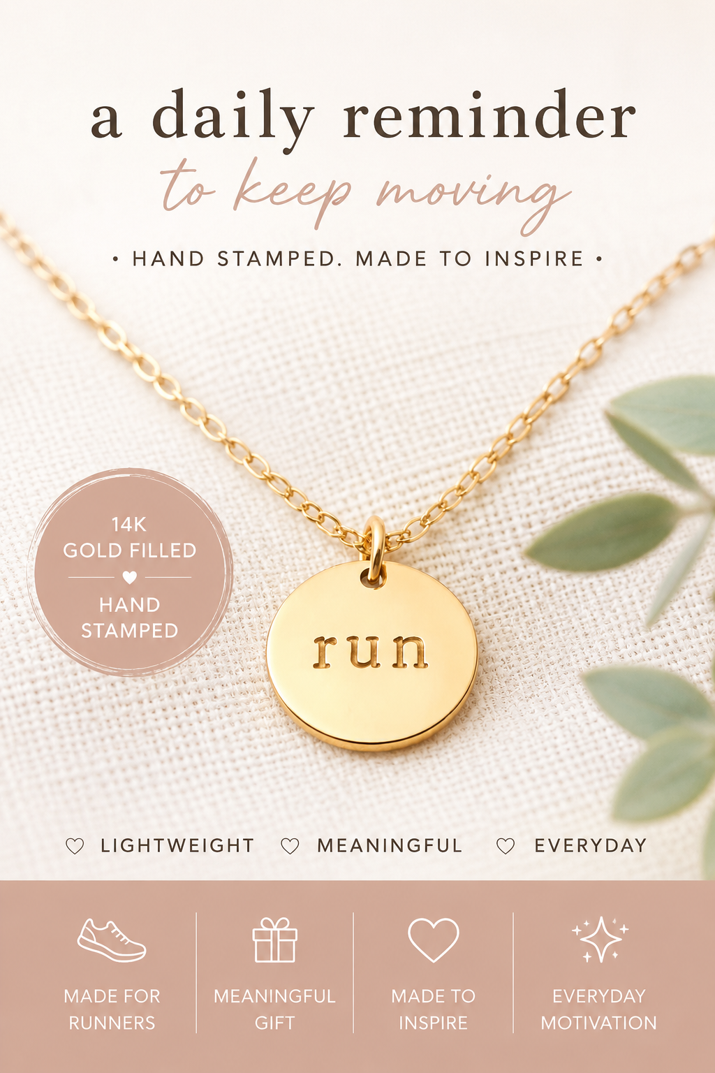 Hand Stamped “Run” Charm – 14k Gold Filled Disc Pendant – Fitness Jewelry for Runners
