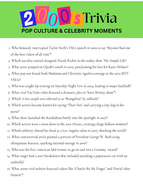 2000s Trivia Game Printable – 100+ Questions with Answers – Instant Download Party Game